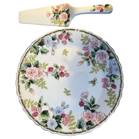 Vtg 1970s ANDREA BY SADEK Cake Plate & Server Porcelain Floral Raspberries - Picture 2 of 15